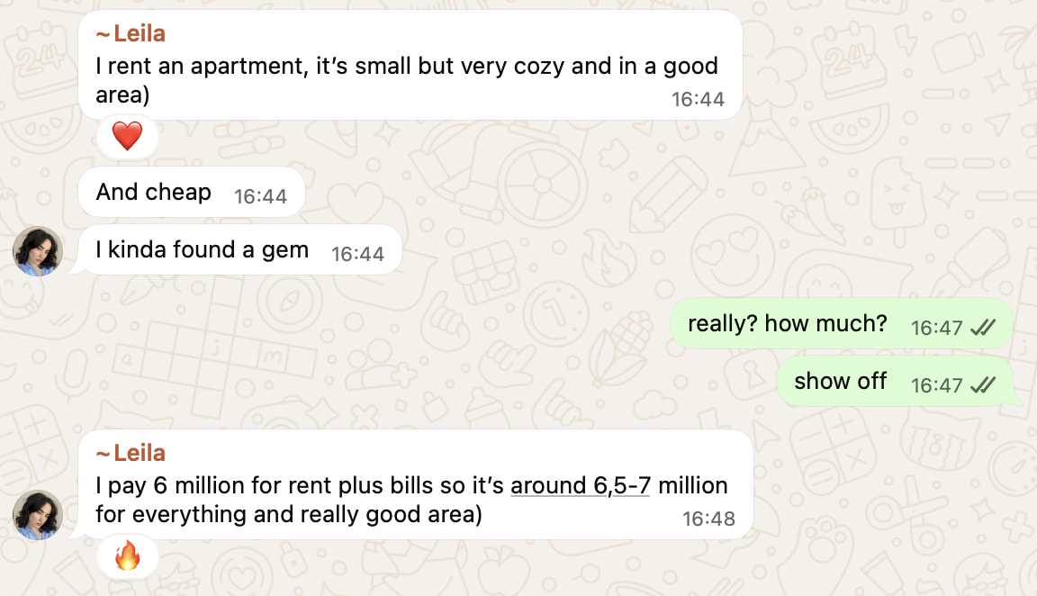 WhatsApp message from Leila: "I kinda found a gem" — 6 million VND/month apartment in Vietnam