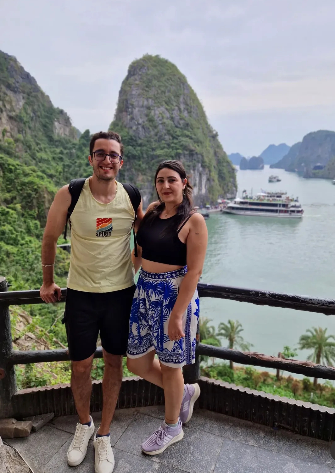 Teachers couple at Ha Long Bay UNESCO world heritage site Vietnam weekend trip