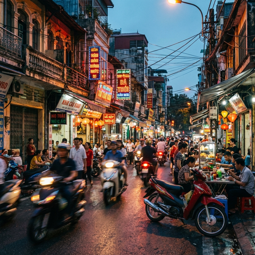 Busy Vietnam street with motorbikes